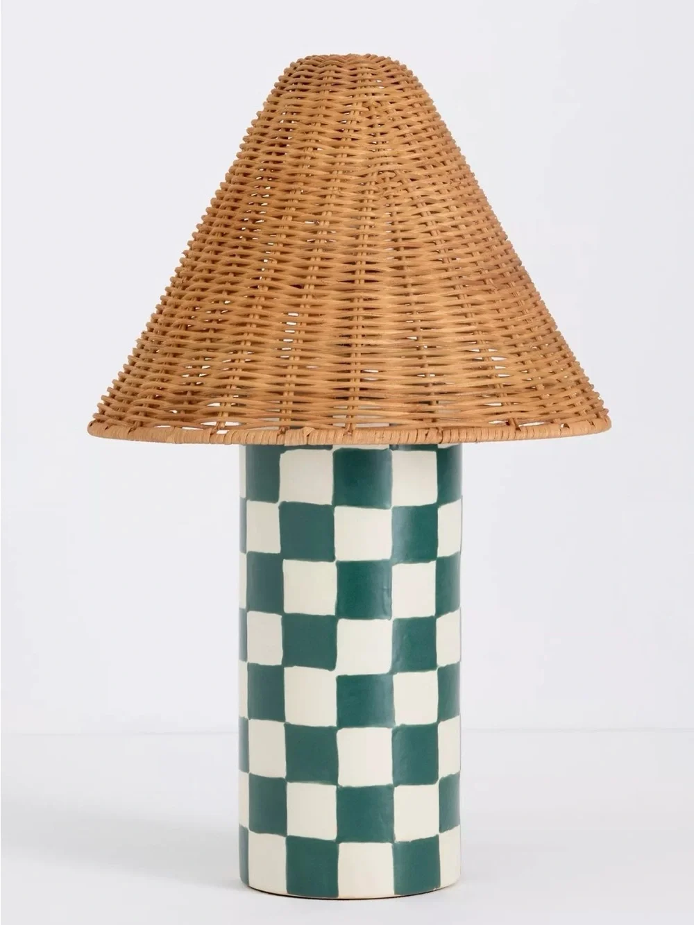 NEW Anthropologie Merve Kahraman Ceramic Checker Rattan Table Lamp, Green, Small